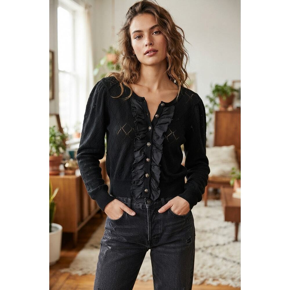Free People Black Diamond Pointelle Ruffle Front Cardigan Sweater Size Large EUC